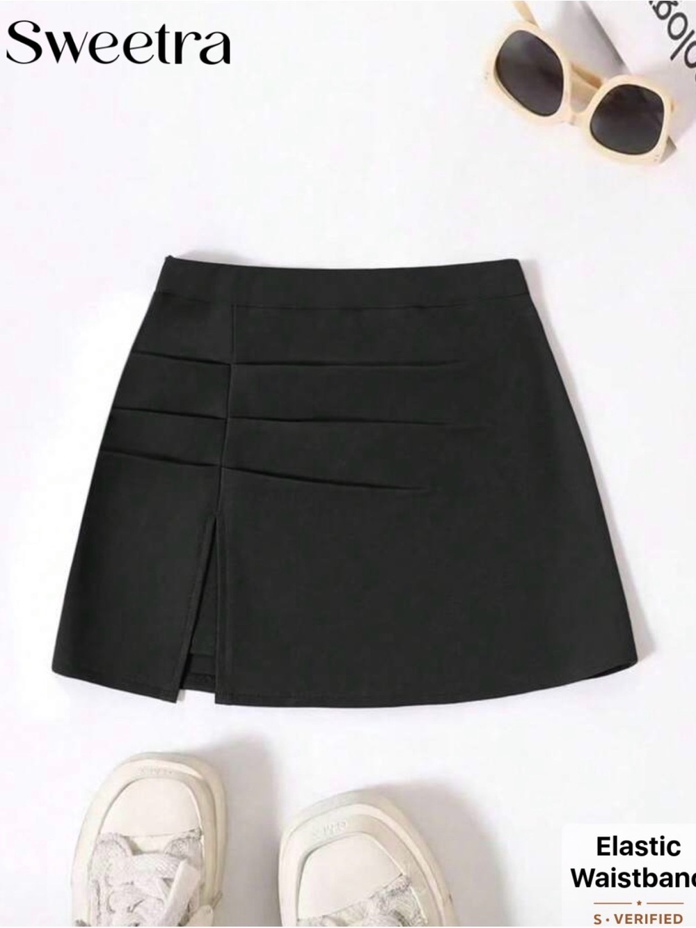 SHEIN Sweetra Black Pleated Mini Skirt with Front Slit